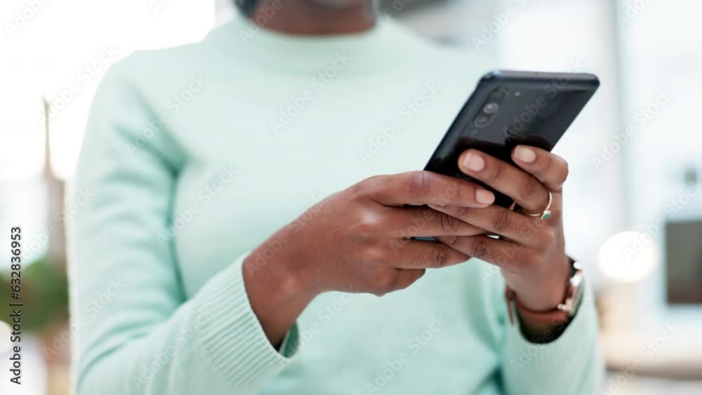 Poster Woman, hands and scroll on smartphone in home, reading social media post and subscription online. Closeup of person typing chat on phone, download mobile games and search digital network for tech app