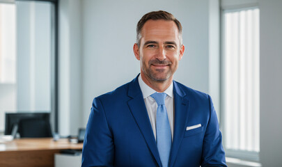 mid shot of happy middle aged business man ceo standing in office arms crossed. Smiling mature confident professional executive manager, proud lawyer - generative AI