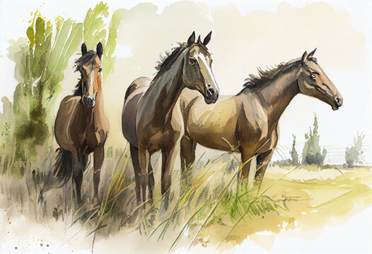 watercolor sketch of horses at a grassy field during summer. generative ai