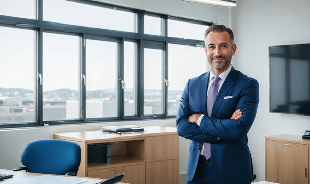 mid shot of happy middle aged business man ceo standing in office arms crossed. Smiling mature confident professional executive manager, proud lawyer - generative AI