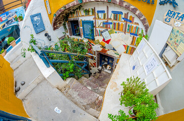 Front of the book store in the Oia village on Santorini island in Greece