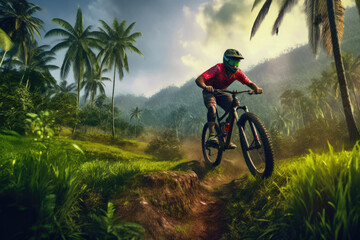 Fototapeta na wymiar Black Mountain Bike in Green Colombian Haven
