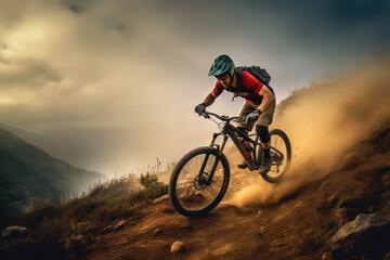 Fototapeta na wymiar High-Speed Mountain Biking: Quick Descent on Dirt Tracks