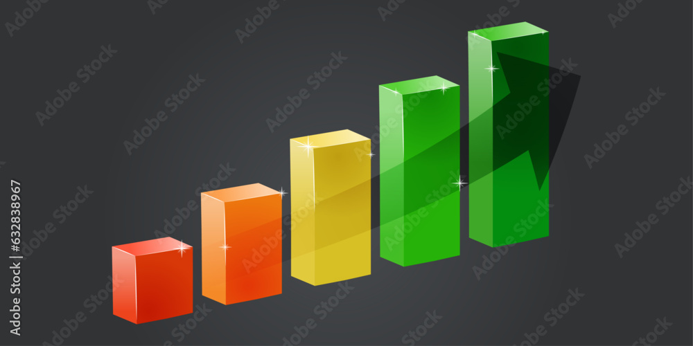 Poster infographic of five 3d rectangles. growth up in the chart.