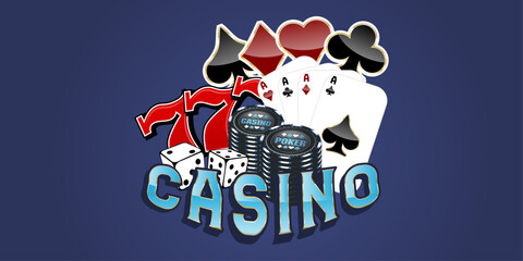 A collage of dice, cards, suits, three sevens, 