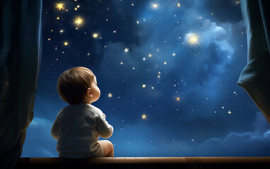 Baby gazing at the stars at night illustration.