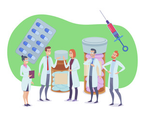Fototapeta premium Tiny doctors with pills and vaccines vector illustration. Cartoon drawing of medical professionals in uniform with medication, tablets and syringe. Medicine, healthcare, treatment concept