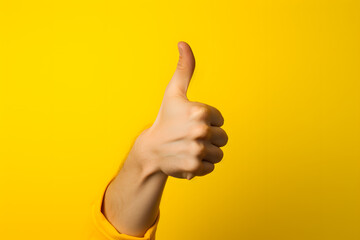 thumb up, hand, finger, like, realistic thumb up, hand language, good job, real hand, thumb up in yellow background - obrazy, fototapety, plakaty