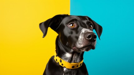 Photo of a black and white dog with a yellow collar created with Generative AI technology - obrazy, fototapety, plakaty