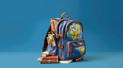 Full school backpack with books isolated on blue background with copy space. Back to school cocept . ai generated