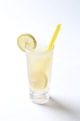 ice cold chilled fresh sour lemon lime fruit honey drink in glass and yellow straw beverage halal food vegan menu in white background for cafe