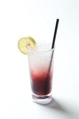 ice cold chilled fresh ribena grape lemon fruit soda soft drink honey layer drink in glass and black straw beverage halal food vegan menu in white background for cafe