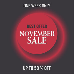 Sale best offer price sign. November sale dark background banner, up to 50% text. Vector illustration