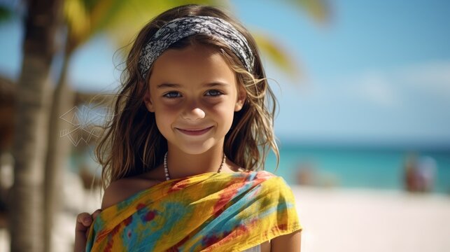 Photography of a pleased, child girl that is wearing a colorful sarong against a tropical island resort background. Generative AI