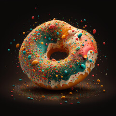 Cute, colorful and glossy donut with colorful glaze and multicolored decoration. Donut on black background.