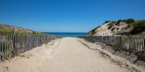 access ocean sandy pathway fence wooden to ocean beach atlantic sea coast at le verdon french...
