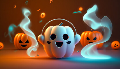 Obraz premium Illustration of fairy pumpkin ghost in headphones. Halloween concept