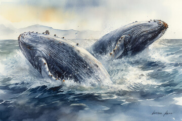 Majestic humpback whales breaching the surface, Animals Watercolor, 