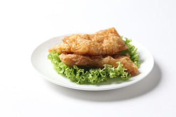 deep fried crispy meat dumpling wanton har gao in vegetable salad plate appetiser breakfast dim sum Halal food menu serve with tartar salad sauce for Hong Kong cafe