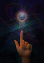 global communication power, just send a signal from your fingertips. communication technology business illustration, your hand signal covers the world.