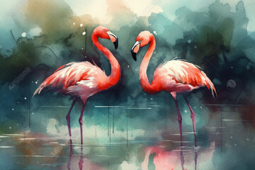 Elegant flamingos wading in a shallow marsh, Animals Watercolor, 