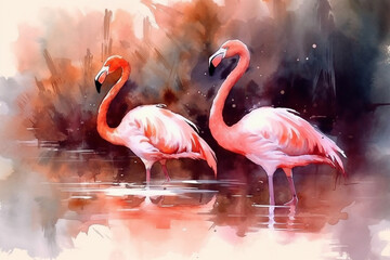 Elegant flamingos wading in a shallow marsh, Animals Watercolor, 