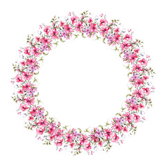 Wreath with colorful flowers, leaves and branches in vintage watercolor style. Vector circle frame
