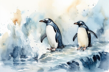 Agile penguins sliding on icebergs, Animals Watercolor, 