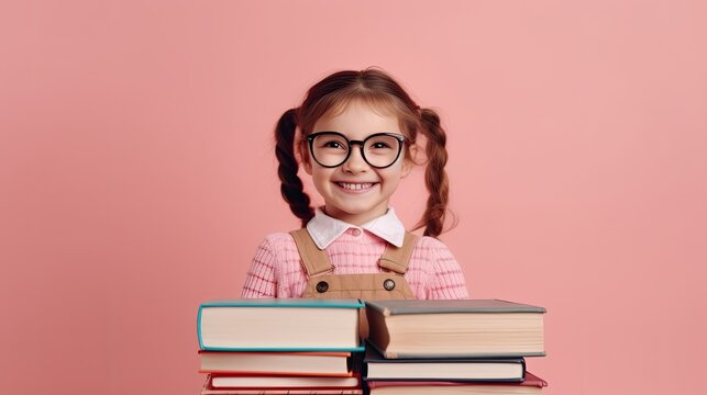 unny smiling child school girl with glasses hold books on pink background. Banner copy space. Back to scool concept. Ai generative