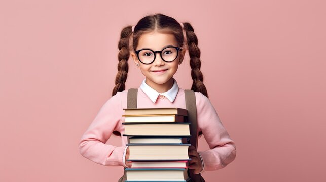 unny smiling child school girl with glasses hold books on pink background. Banner copy space. Back to scool concept. Ai generative