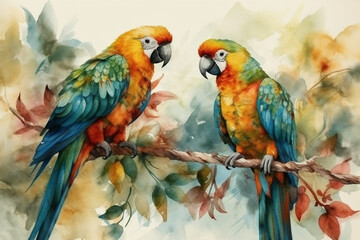 Vibrant parrots perched on tropical branches, Animals Watercolor, 