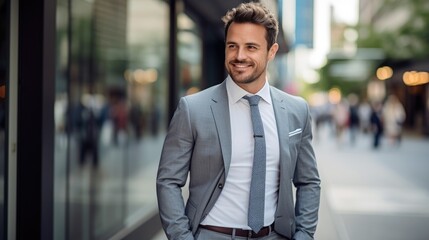 Photography of a pleased, man in his 30s that is wearing a dapper seersucker suit against a sophisticated urban street background. Generative AI
