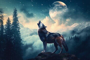 wolf howling by full moon - obrazy, fototapety, plakaty