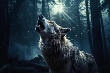 Gordijnen wolf howling by full moon © Lucas