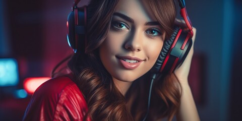 A beautiful young woman with headphones listening music. Smiling teenager girl listens to song with a good mood.