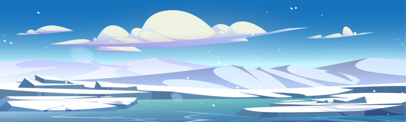 Winter ice north landscape vector background cartoon. Frozen land with snowy mountain northern outdoor banner. Cold antarctica nature design scene with glacier and freeze ocean water environment