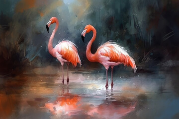 Graceful flamingos standing in a shallow pond, Animals Watercolor, 