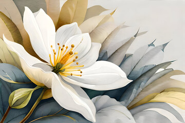 Watercolor painting floral digital art wall decor. White magnolia flower in watercolor artistic background wallpaper. Golden white, green and gray flowers for wall canvas decor. Ai generative