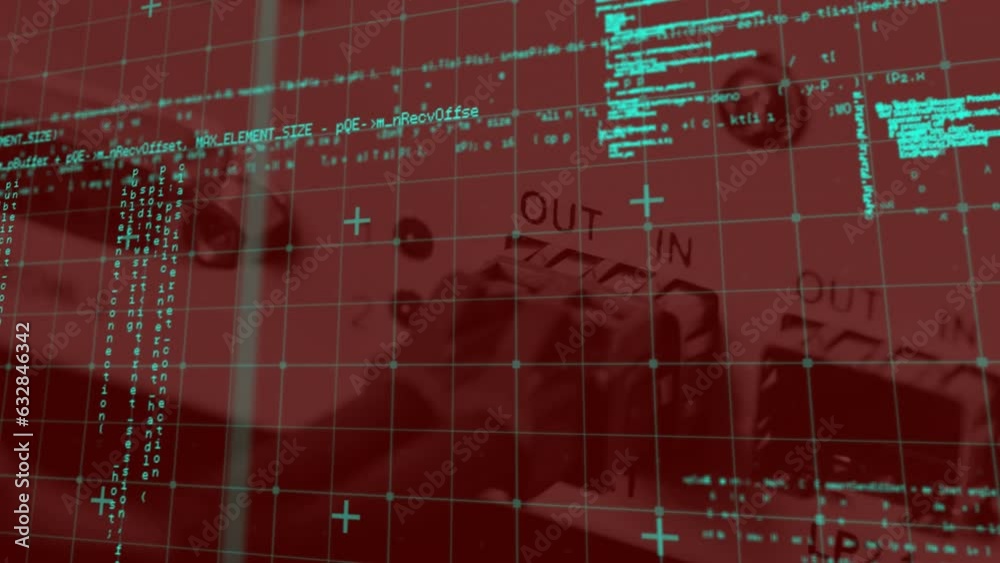 Poster animation of data processing over grid network against close up of a computer server