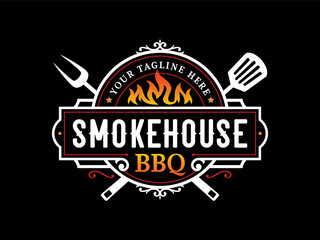 Barbecue smokehouse bbq barbeque bar and grill logo design with fork and fire - obrazy, fototapety, plakaty
