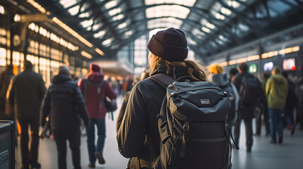 Back view of female backpacker in a busy train station. young woman with travel backpack standing at a train station