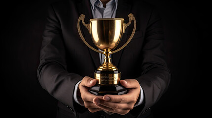Manager businessman or boss holding champion golden trophy cup