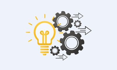Fototapeta na wymiar Implement idea icon, solution execute develop, configuration cogwheel with light bulb, innovation analysis process.on white background.Vector Design Illustration.