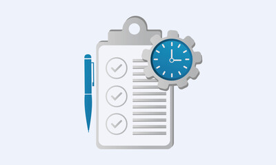 work done for a certain time icon, checklist and gear with time.on white background.Vector Design Illustration.