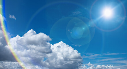夏の晴天、青空に流れる積乱雲ふわふわの入道雲とギラギラ輝く太陽とレンズフレアの背景壁紙　夏・夏休み・行楽・バカンス・アウトドア・キャンプ・天気・台風一過