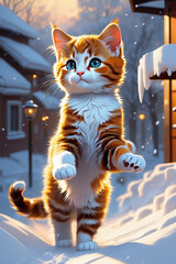 Adorable and precious happy kitty, the kitty is shaking off snow, there are snows flying everywhere