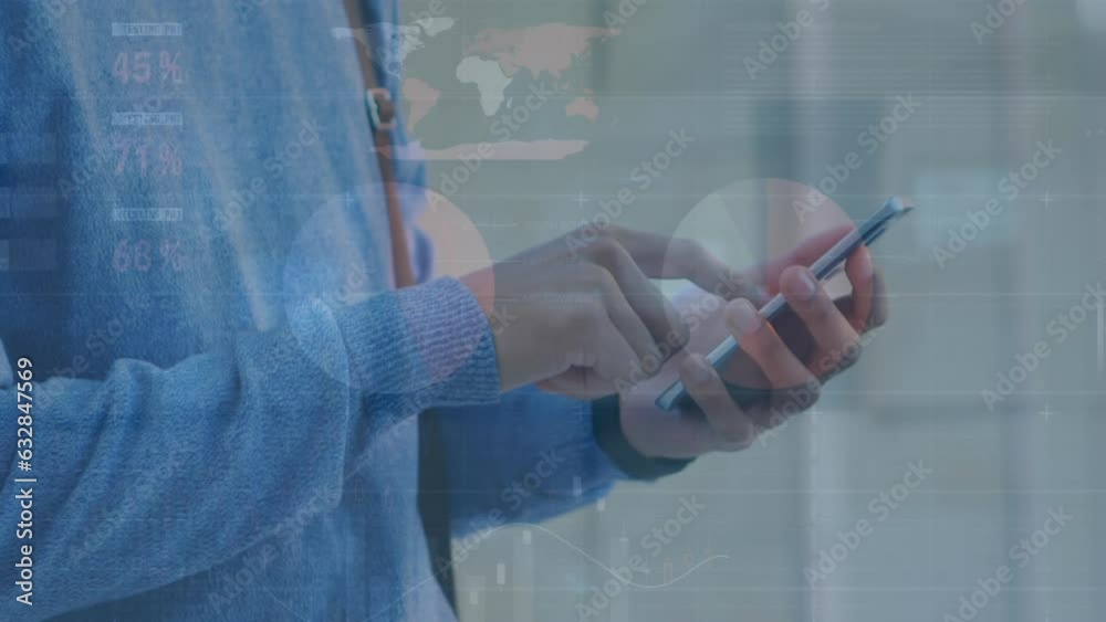 Poster animation of statistical data processing over mid section of a man using smartphone