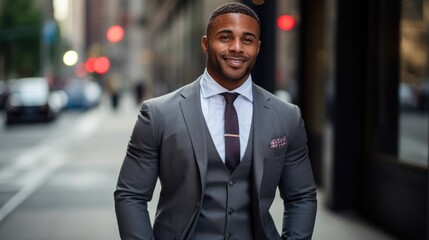 Photography of a pleased, man in his 30s that is wearing a dapper seersucker suit against a sophisticated urban street background. Generative AI