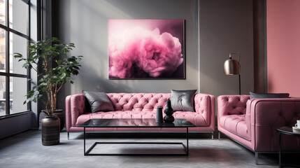 Wohnzimmer mit Pinkfarbenen Sofa