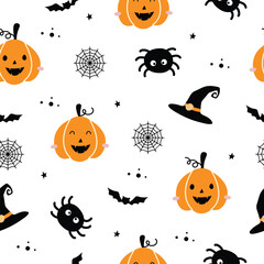 Halloween seamless pattern with cute pumpkins. With decoration bat, witch hat, spider, spider web. Design for fabric, print, textile, wallpaper, wrapping. Vector illustration